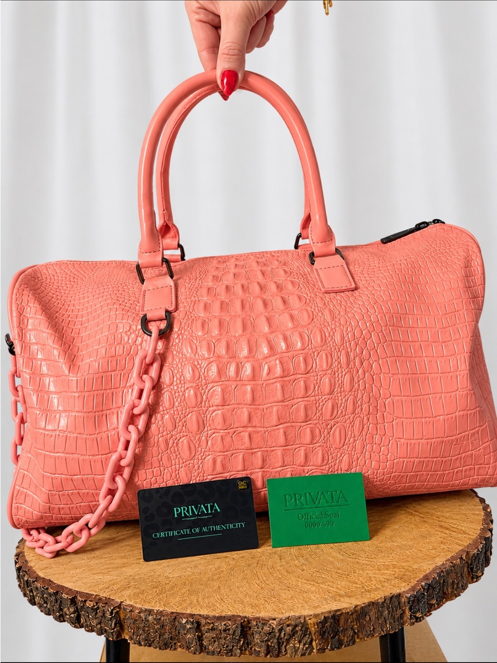 Pink Croc Embossed Leather Weekender Duffle Bag + COA
